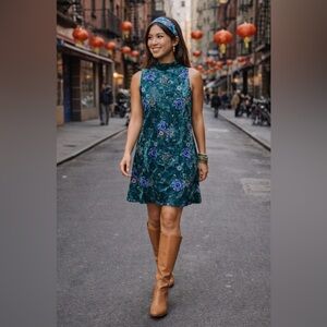 VTG MUDD Women's Mini Dress Size L Jr Emerald Green Floral Velvet